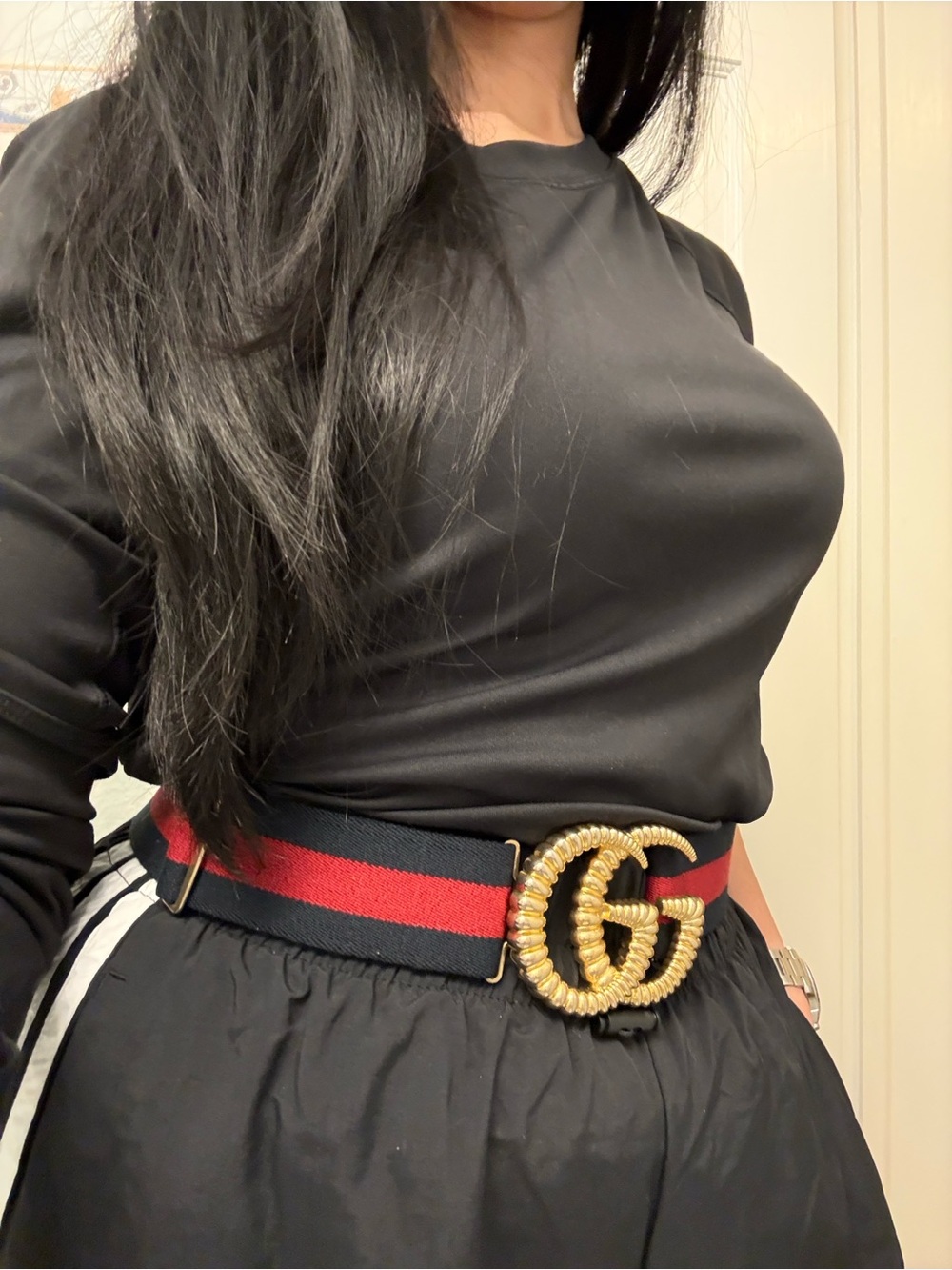 Gucci Navy and Red Elastic Belt with Gold Double G Buckle